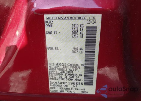 2015 Nissan Altima 2.5 Sv из США, поврежденный, VIN 1N4AL3AP1FC196858